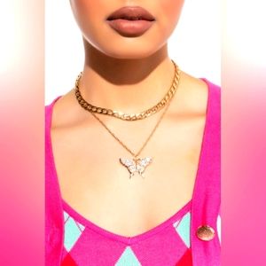 NWT Gold&Rhinestone Butterfly and Link Layered Chain